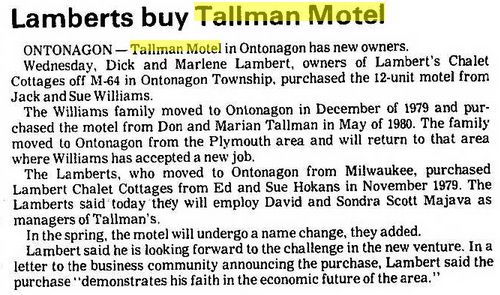 Hokans Motel (Scotts Superior Inn & Cabins, Hokans, Tallmans Motel) - Jan 2 1987 Article